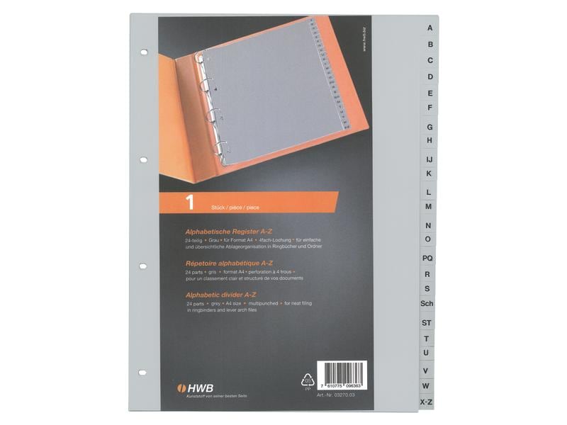 Register HWB A4, Kunststoff, A–Z, volldeckend, grau