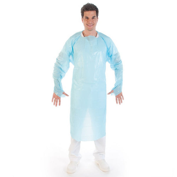 Untersuchungskittel CPE mit Daumenloch, blau, 140 × 100 cm, Grösse XXL – 100 Stück
