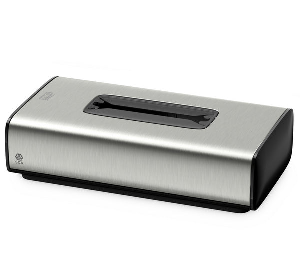 Kosmetiktuchspender Tork – F1 System, Edelstahl, silber, H 67 × B 256 × T 136 mm, Standmodell