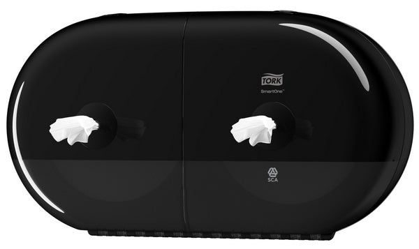 Toilettenpapierspender Tork Elevation SmartOne Mini – T9 System, Kunststoff, schwarz, H 221 × B 398 × T 156 mm, für 2 Rollen
