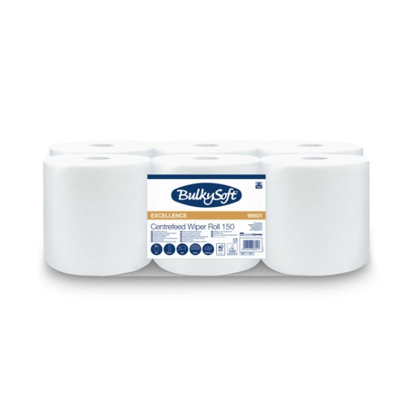 Bulkysoft Premium Papierwischtücher Midi, 2-lagig, weiss, 19 × 38 cm, 150 lfm – 6 Rollen