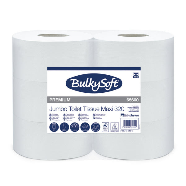 Bulkysoft Premium Toilettenpapier Maxi Jumbo, 2-lagig, weiss, 9 cm × 320 lfm – 6 Rollen