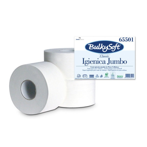 Bulkysoft Classic Toilettenpapier Mini Jumbo, 1-lagig, weiss, 9 cm × 300 lfm – 12 Rollen