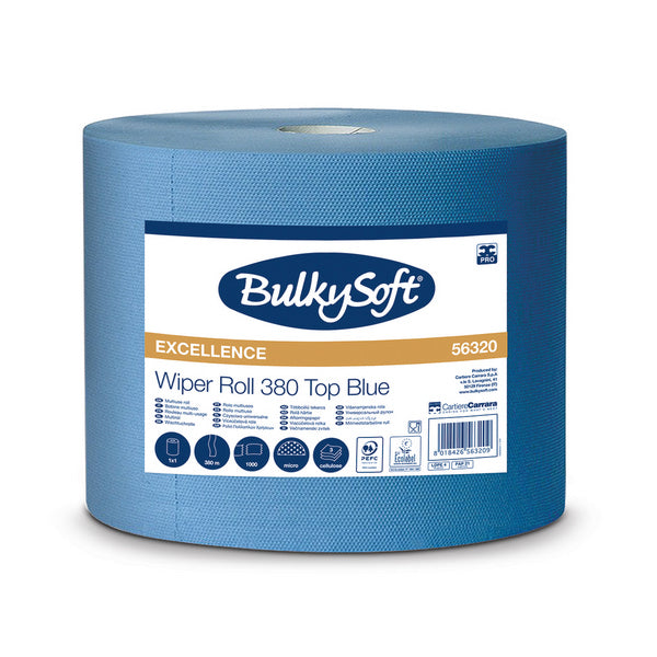 Papierwischtücher Bulkysoft Excellence Maxi, Zellstoff, 3-lagig, blau, 36 × 38 cm, 1000 Blatt = 380 m
