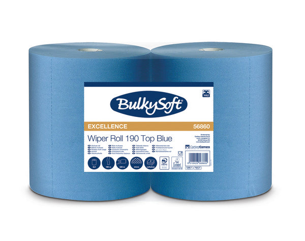 Papierwischtücher Bulkysoft Excellence Maxi, Zellstoff, 3-lagig, blau, 36 × 38 cm, 500 Blatt = 190 m
