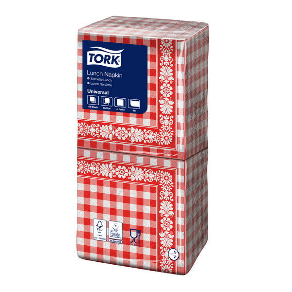 Servietten Tork, 33 × 33 cm, 1-lagig, 1/4-Falz, rot-weiss kariert