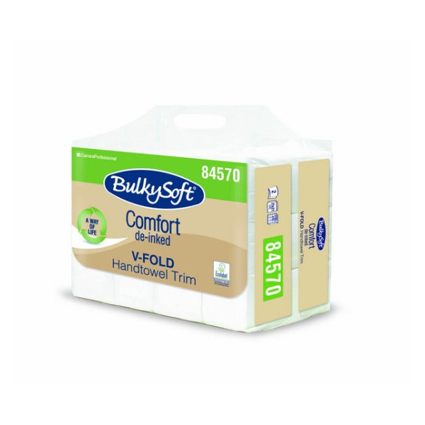 Bulkysoft Comfort Handtuch, V-Falzung, Recycling, 2-lagig, weiss, 21 × 21 cm – 3000 Blatt (12 x 250)
