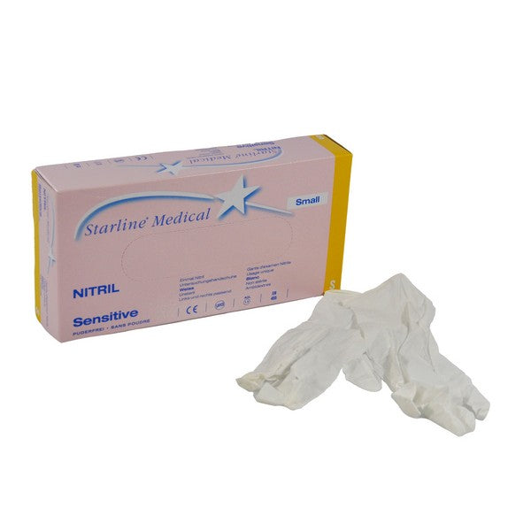 Starline Medical Sensitive Nitril-Untersuchungshandschuhe, weiss, puderfrei, Gr. S – 100 Stück