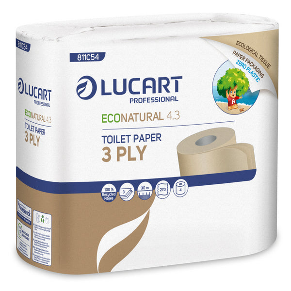 Lucart EcoNatural 4.3 Toilettenpapier Kleinrollen in Papierverpackung – Zero Plastic, Recycling, 3-lagig, havanna, 270 Blatt – 56 Rollen