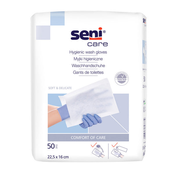 Waschhandschuhe Seni Care, unfoliert, 600 Stück – 1 Karton (12 × 50)