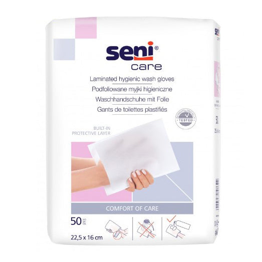 Waschhandschuhe Seni Care, foliert, 900 Stück – 1 Karton (18 × 50)