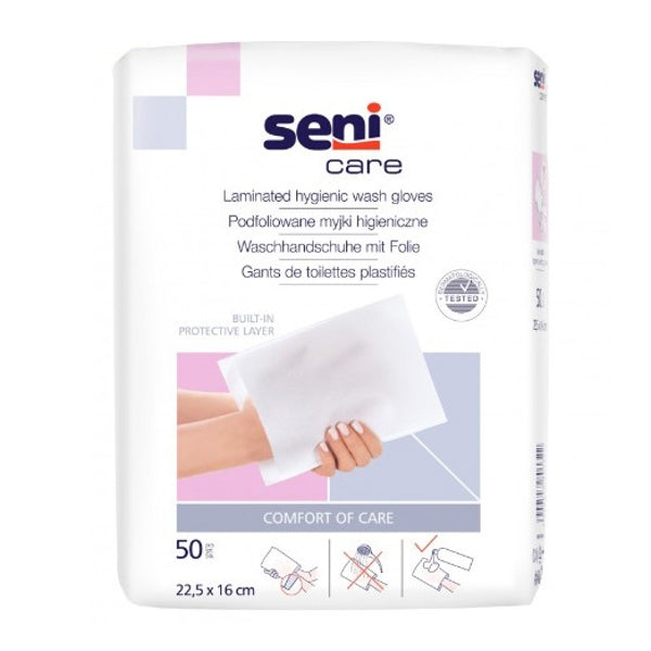 Waschhandschuhe Seni Care, foliert, 50 Stück – Einzelpackung