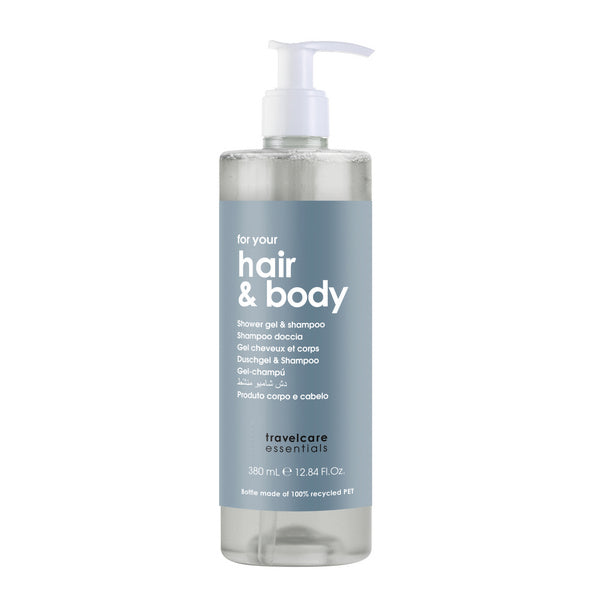 Duschgel & Shampoo Travelcare Essentials, Pumpflasche nachfüllbar 380 ml – 18 Stück