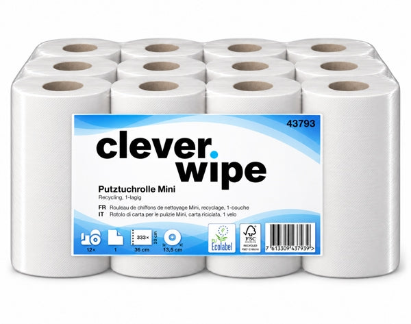Papierwischtücher Mini Clever Wipe, Recycling, 1-lagig, weiss, 20 × 36 cm, 333 Blatt = 120 m