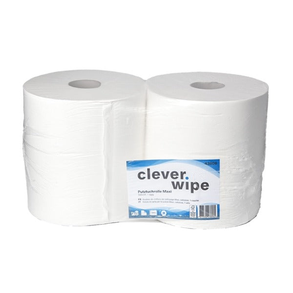 Papierwischtücher Maxi Clever Wipe, Zellstoff, 1-lagig, 29 × 36 cm, 650 m – 2 Rollen