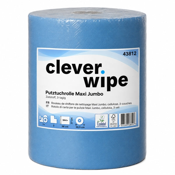 Papierwischtücher Jumbo Maxi Clever Wipe, Zellstoff, 3-lagig, blau, 37 × 36 cm, 944 Blatt = 340 m