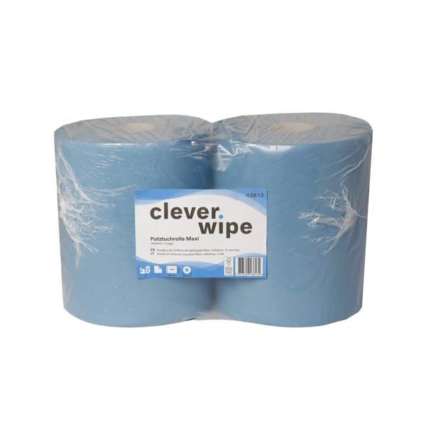 Papierwischtücher Maxi Clever Wipe – 3-lagig, Zellstoff, blau (2 Rollen à 500 Blatt, 180 lfm)