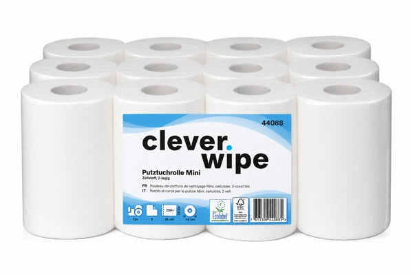 Papierwischtücher Mini Clever Wipe, Zellstoff, 2-lagig, weiss, 20 × 36 cm, 250 Blatt = 90 m