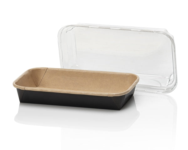Sushi Platte Karton, braun / schwarz 160 × 91 × 24 mm, mit Deckel PET – 300 Stück (12 x 25)