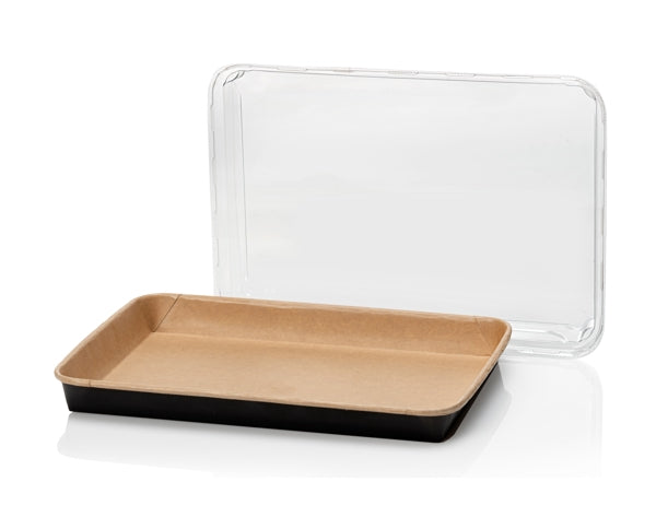 Sushi Platte Karton, braun / schwarz 256 × 182 × 24 mm, mit Deckel PET – 100 Stück (4 x 25)
