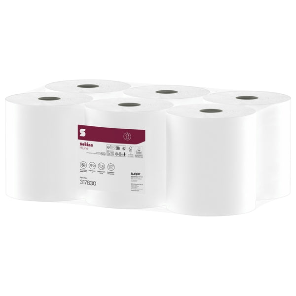 Satino HiLine Handtuchrolle PT1, Zellstoff, 2-lagig, hochweiss, 20,5 cm × 220 m – 6 Rollen