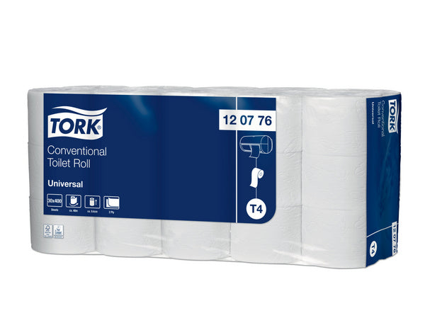 Toilettenpapier Tork Universal Kleinrollen – T4 System, Recycling, 2-lagig, weiss, 400 Blatt, Trilliumprägung