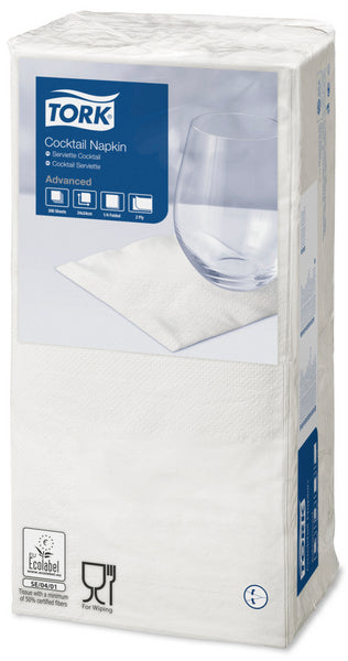 Cocktail-Servietten Tork Advanced, 24 × 24 cm, 2-lagig, 1/4-Falz, weiss