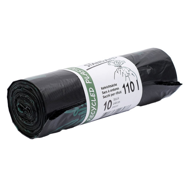 Kehrichtsäcke mit Verschlussband, 110 l, HD/LLD-PE Recycling, schwarz, Rolle à 10 Säcke