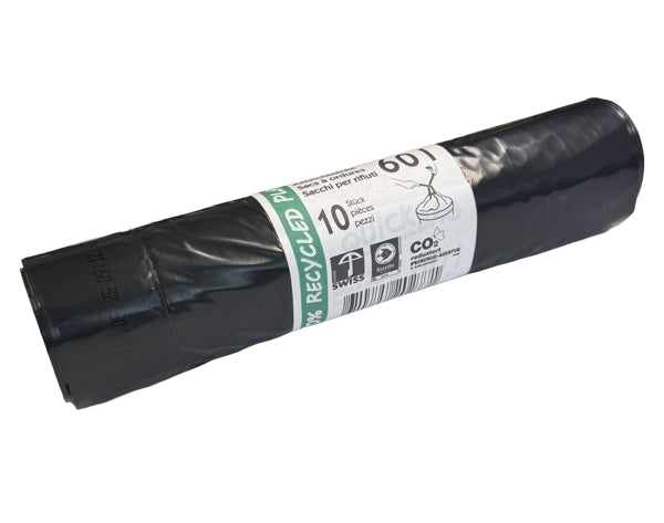 Kehrichtsäcke mit Zugband, 60 l, LD-PE Recycling, schwarz, Swiss Made, 570 × 860 mm