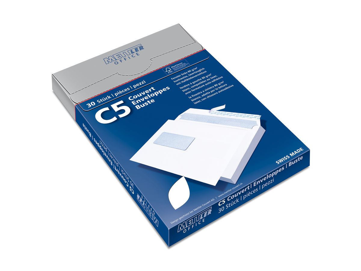 Mettler Couvert C5 Fenster links hochweiss 100 g/m² Haftklebe (30 Stück)