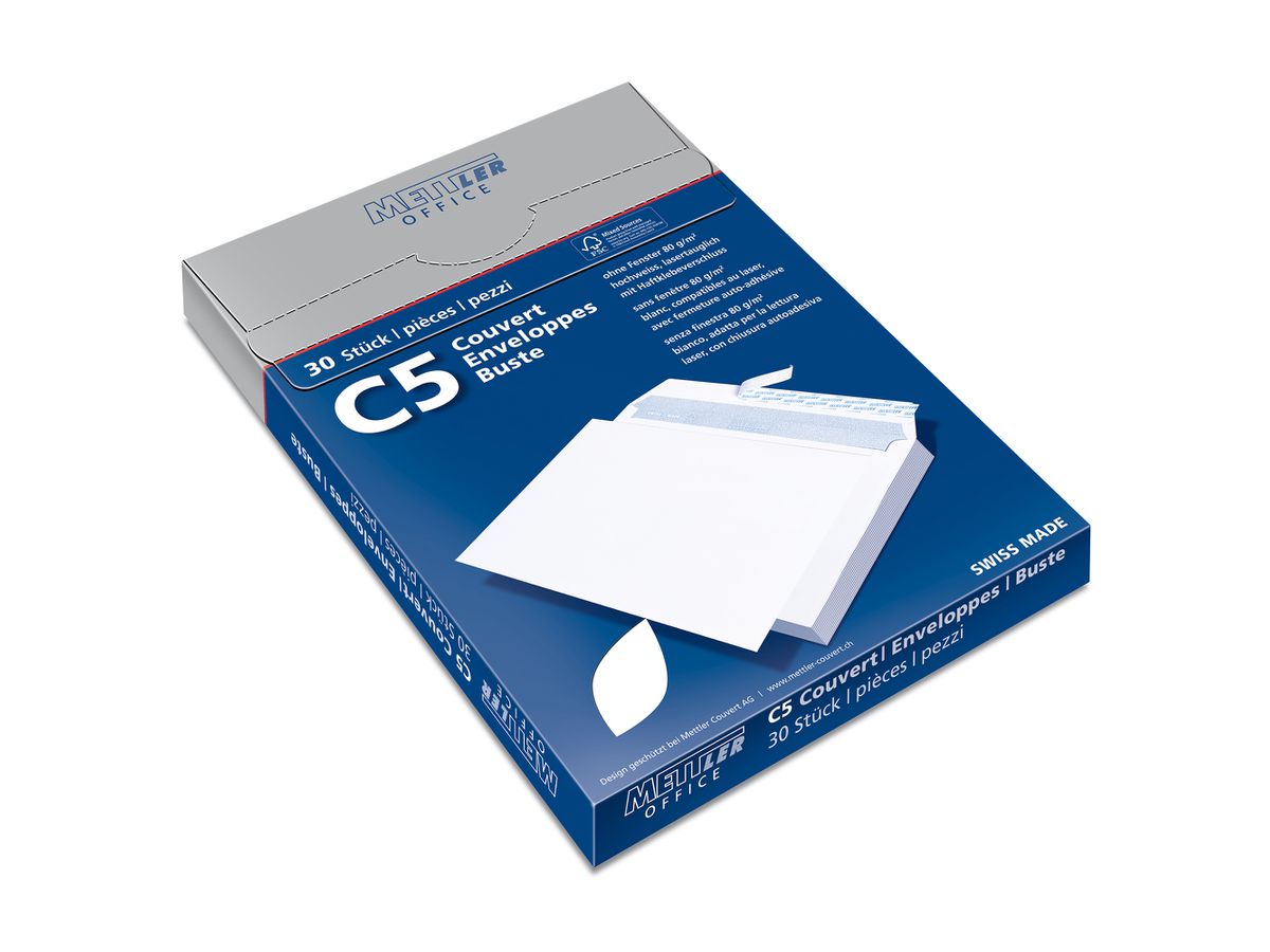 Mettler Couvert C5 ohne Fenster hochweiss 100 g/m² Haftklebe (30 Stück)