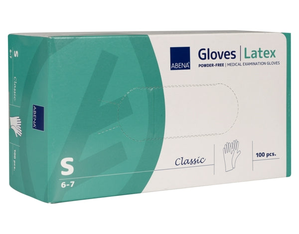 Einweghandschuhe Abena Classic Latex, weiss, puderfrei, unsteril, 240 mm, Grösse S