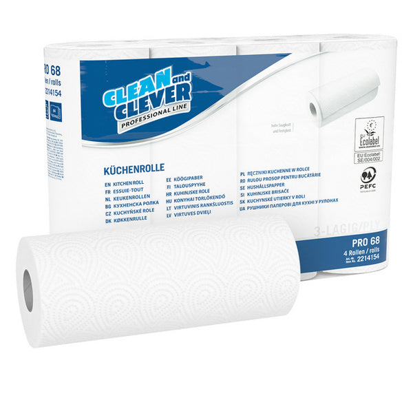 CLEAN and CLEVER Küchenrolle PRO 68, Zellstoff, 3-lagig, 64 Blatt, 26 × 23 cm, hochweiss – 32 Rollen