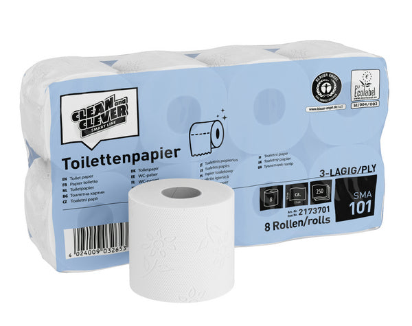 CLEAN and CLEVER Toilettenpapier Kleinrollen SMA 101, Recycling, 3-lagig, 250 Blatt, 9,4 × 11 cm, weiss, Waffelprägung – 6…