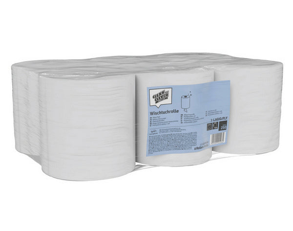 CLEAN and CLEVER Wischtuchrolle SMA 250, Recycling, 1-lagig, Innenabrollung, 19 cm × 300 lfm, geprägt, weiss – 6 Rollen