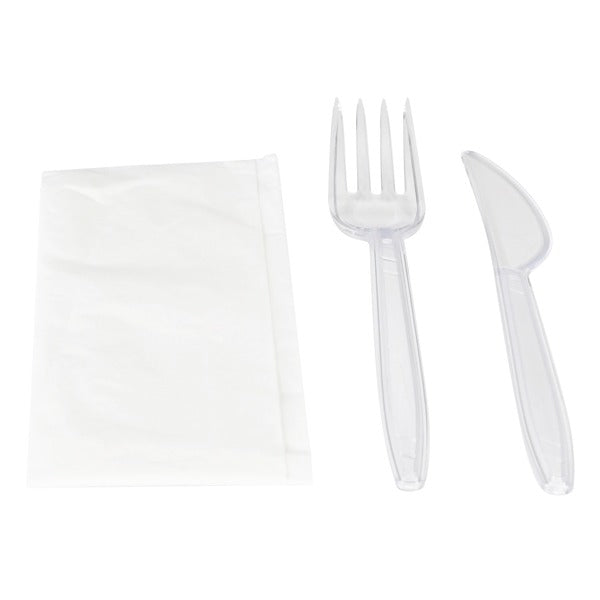 Besteckset PP, transparent, dreiteilig, 180 mm (Messer, Gabel, Serviette), wiederverwendbar – 250 Stück