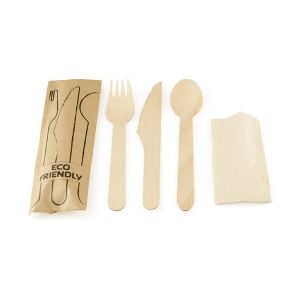 Besteckset Holz gewachst, braun, vierteilig (Messer, Gabel, Löffel, Serviette), FSC – 100 Stück