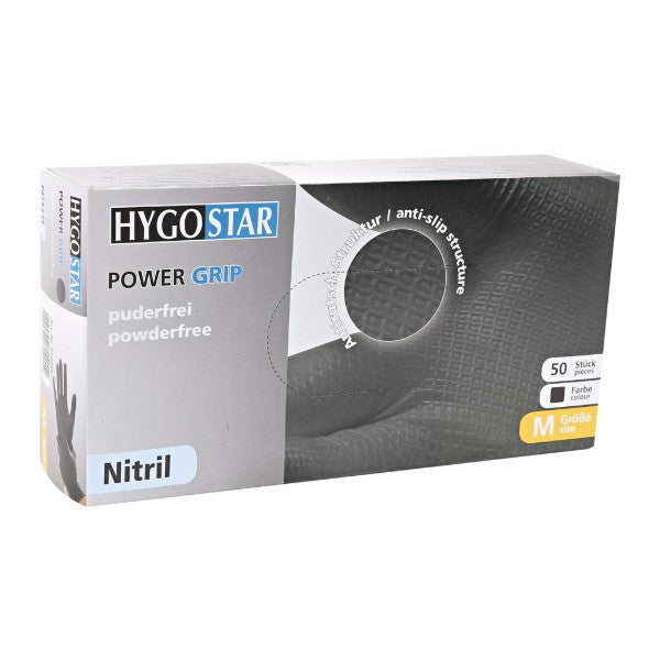 Nitril-Einweghandschuhe Hygostar Power Grip, schwarz, puderfrei, unsteril, 50 Stück, Grösse S