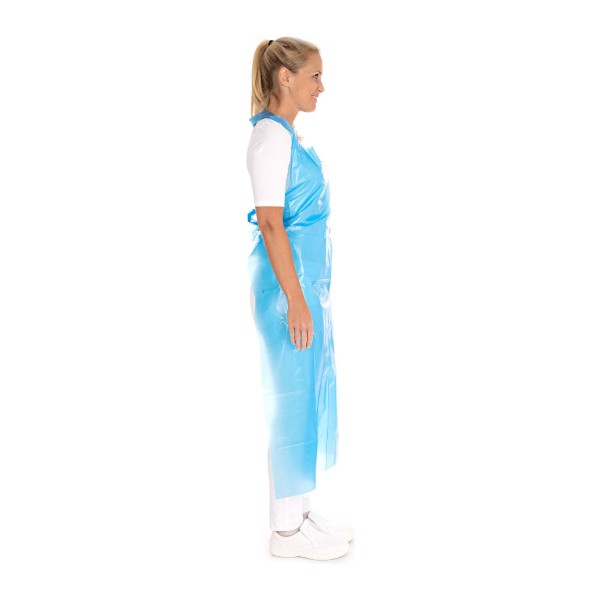 Latzschürze Hygostar LD-PE, blau, wasserabweisend, 0,033 mm, 140 × 75 cm – 500 Stück