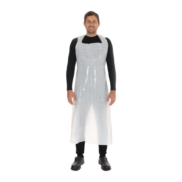 Latzschürze Hygostar LD-PE, weiss, geblockt, 0,025 mm, 150 × 75 cm – 50 Stück