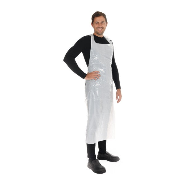 Latzschürze Hygostar LD-PE, weiss, geblockt, 0,025 mm, 150 × 75 cm – 50 Stück