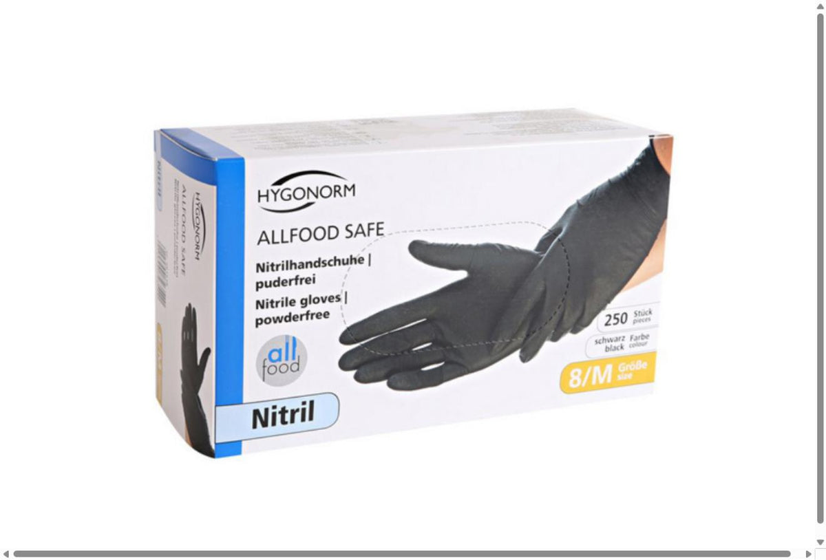 Nitril-Einweghandschuhe Hygonorm Allfood Safe, schwarz, puderfrei, unsteril, Grösse M – 250 Stück