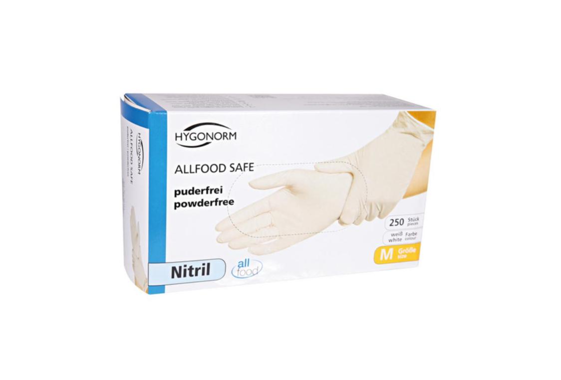 Nitril-Einweghandschuhe Hygonorm Allfood Safe, weiss, puderfrei, unsteril, Grösse XL – 250 Stück