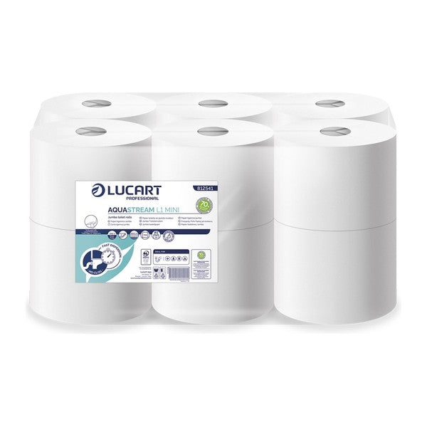 Toilettenpapier Lucart Aquastream L1 Mini Jumbo, Zellstoff, 2-lagig, 780 Blatt – 12 Rollen