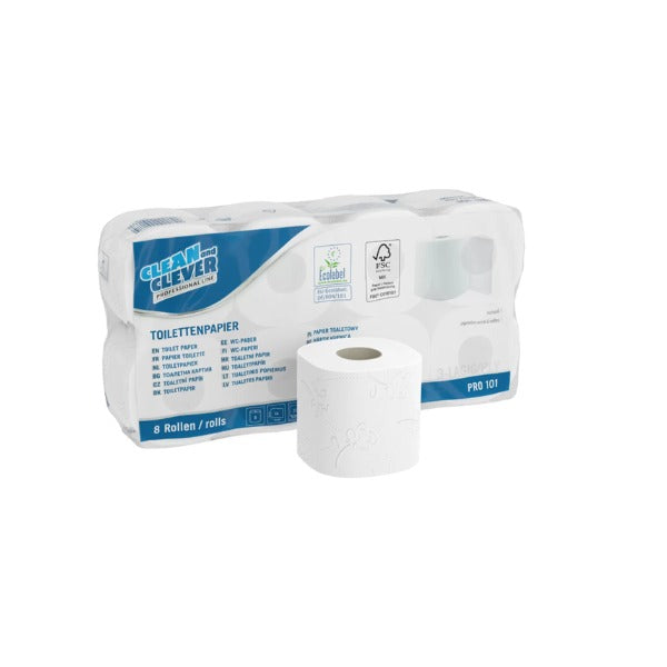 CLEAN and CLEVER Toilettenpapier Kleinrollen PRO 101 Zellstoffmix, 3-lagig, 250 Blatt, weiss – 64 Rollen
