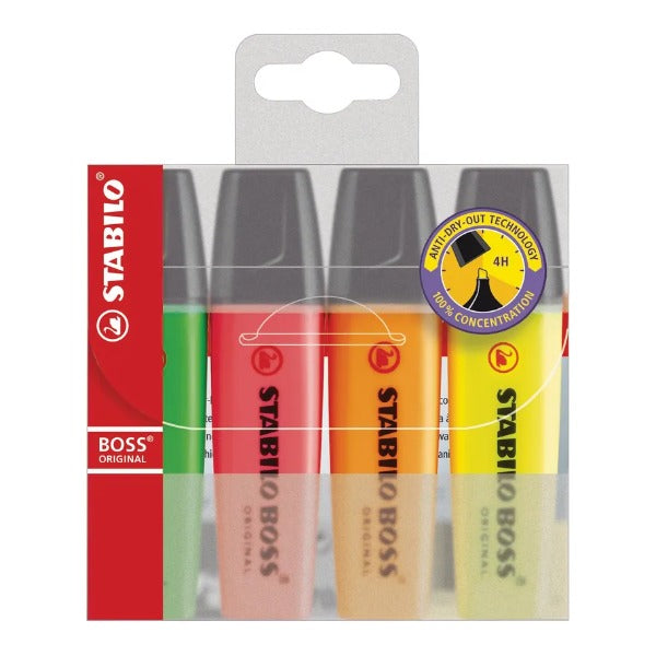 STABILO BOSS ORIGINAL Leuchtmarker 4er-Set assortiert (gelb, grün, orange, blau)
