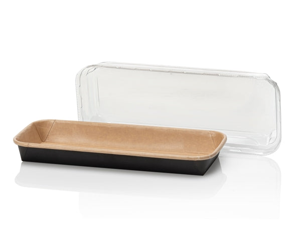 Sushi Platte Karton, braun / schwarz 221 × 91 × 24 mm, mit Deckel PET – 200 Stück (8 x 25)