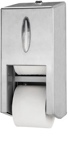Toilettenpapierspender Tork Midi – T7 System, Edelstahl, silber, H 150 × B 320 × T 150 mm, für 2 Rollen