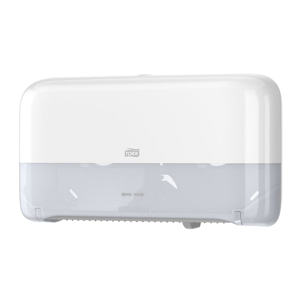 Toilettenpapierspender Tork Elevation Mini Jumbo – T2 System, Kunststoff, weiss, H 256 × B 432 × T 146 mm, mit Sichtfenster, für 2 Rollen