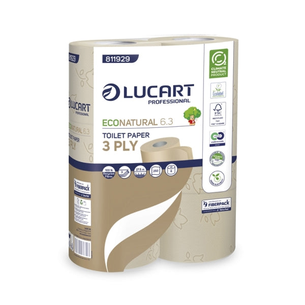 Lucart EcoNatural 6.3 Toilettenpapier Kleinrollen, Recycling, 3-lagig, havanna, 250 Blatt – 30 Rollen